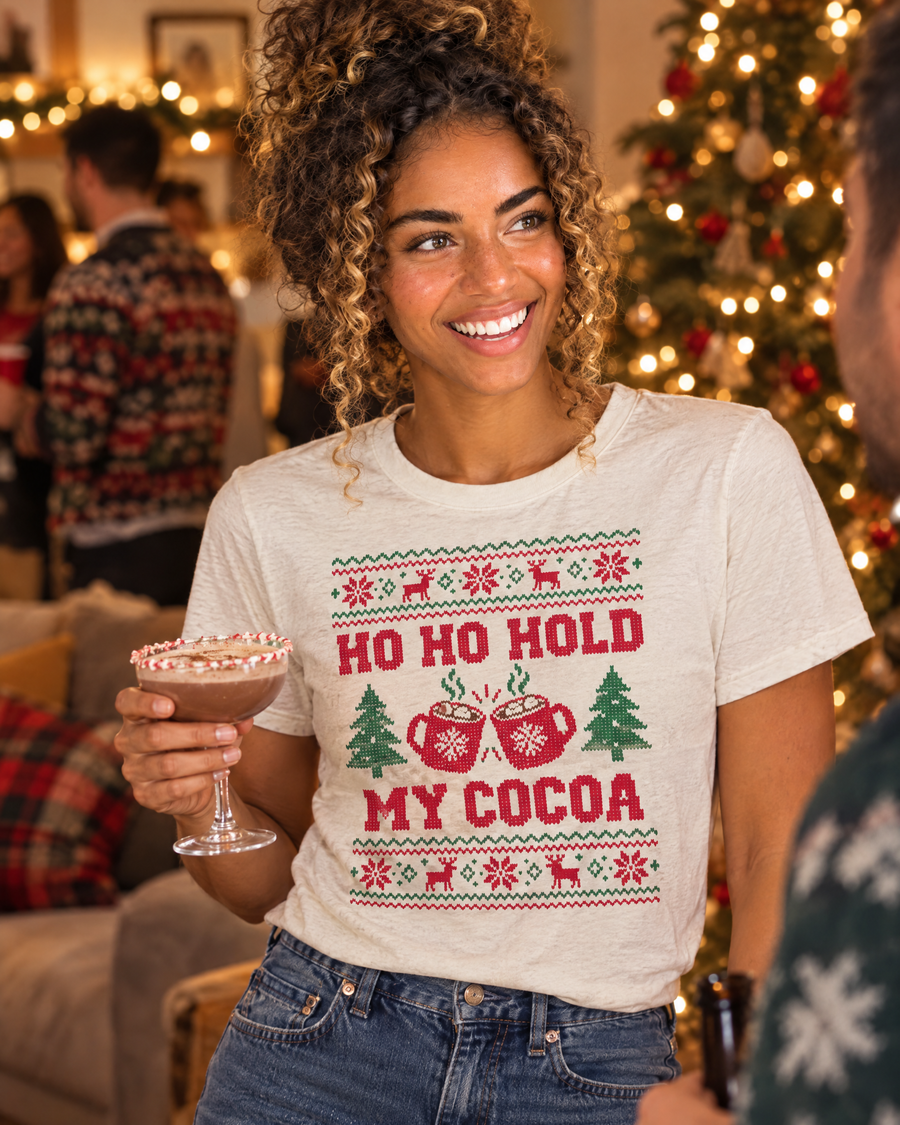 AI-generated image: a woman laughing at a holiday party in the cream Ugly Sweater tee