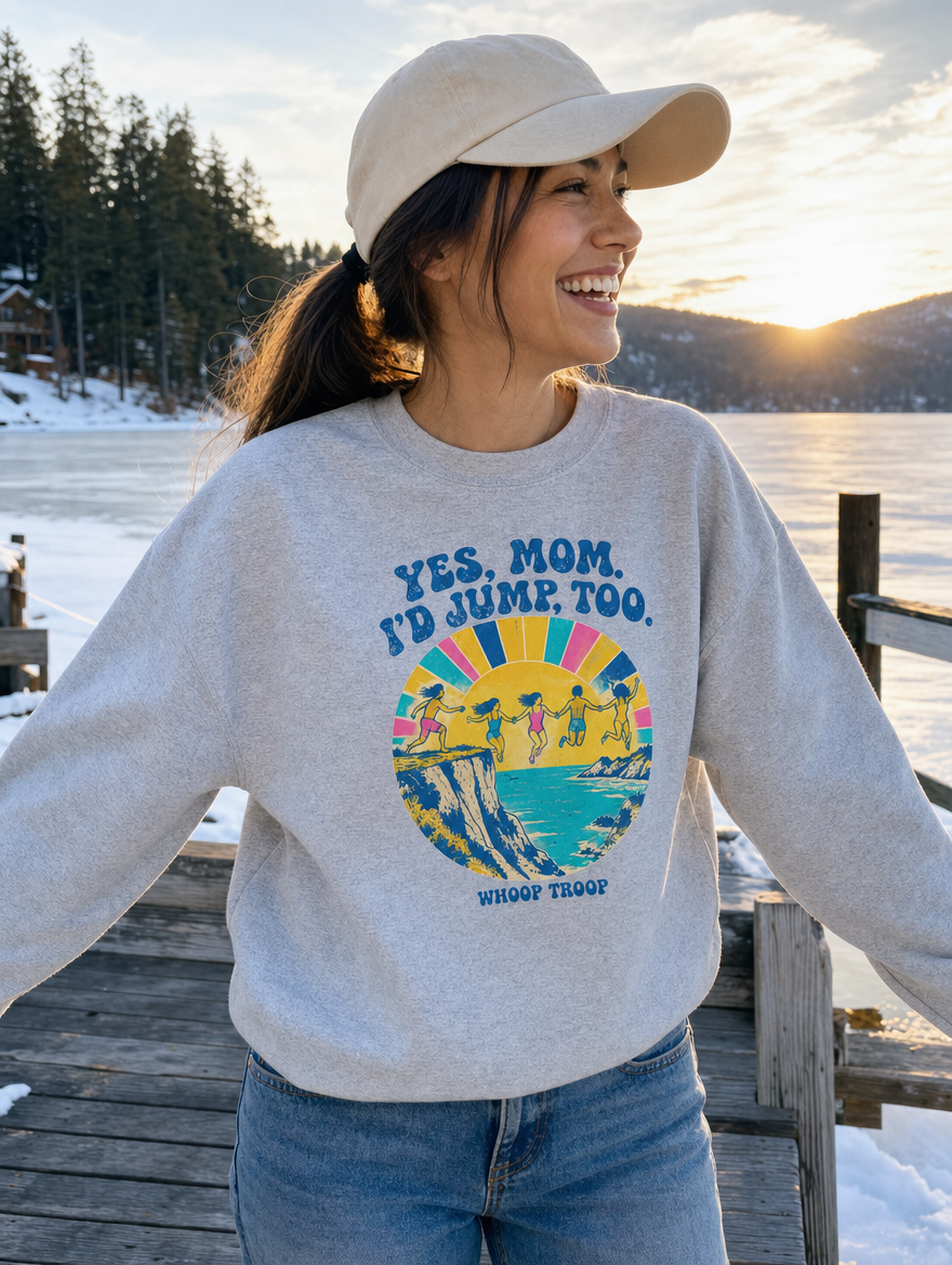 Yes, Mom sweatshirt in Sport Grey, lifestyle photo on a snowy dock (AI-generated model)