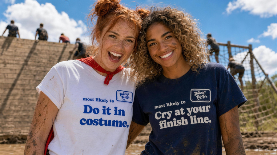 Two friends in Most Likely To tees at a mud obstacle course (AI-generated models)