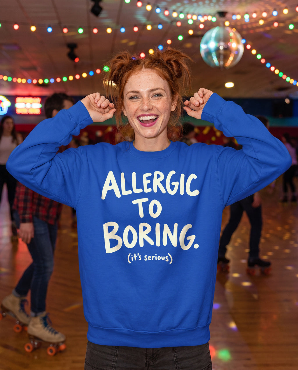 AI-generated image: a woman on roller skates at a retro roller rink wearing the royal blue Allergic to Boring sweatshirt