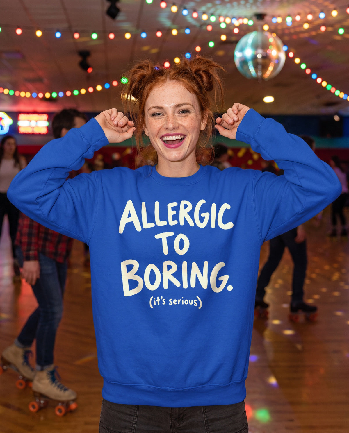 AI-generated image: a woman on roller skates at a retro roller rink wearing the royal blue Allergic to Boring sweatshirt