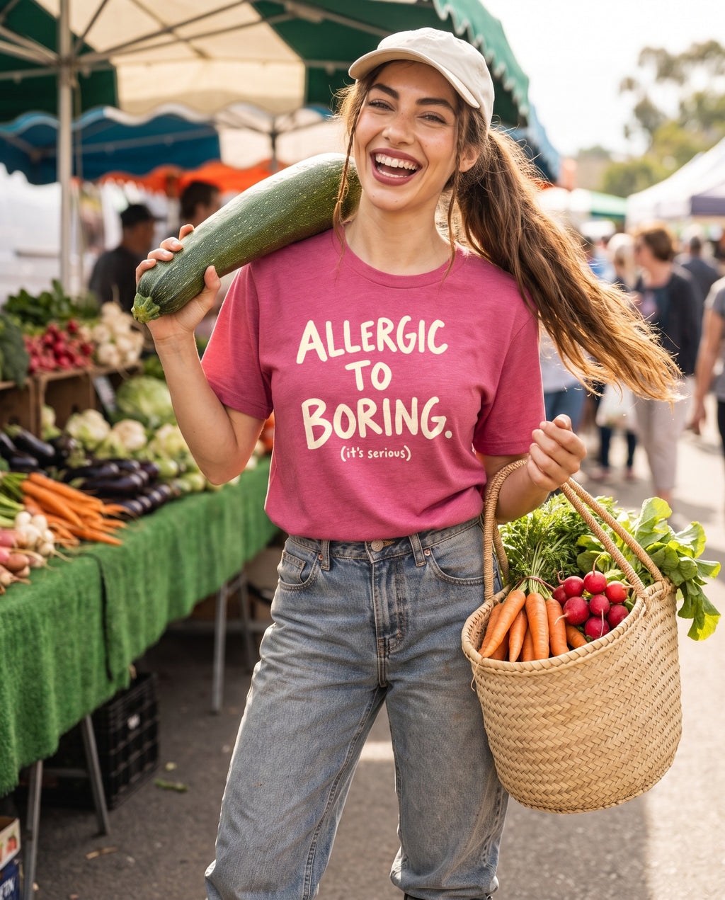 AI-generated image: a woman holding a giant zucchini and a basket of vegetables at a farmers market, wearing the heather raspberry Allergic to Boring tee