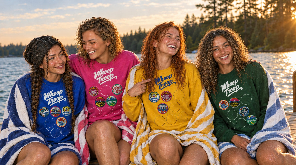 AI-generated image: four friends on a lake dock at golden hour in Whoop Troop badge sweatshirts