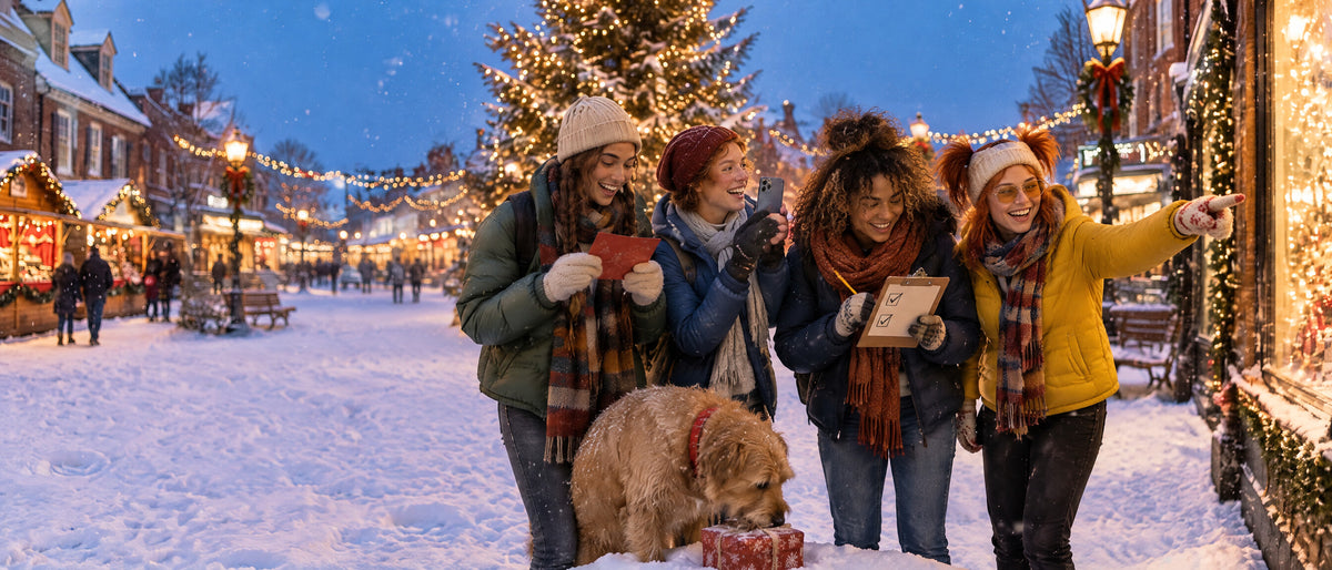 Four friends and a dog on a holiday scavenger hunt in a snowy, lit-up town square (AI-generated image)