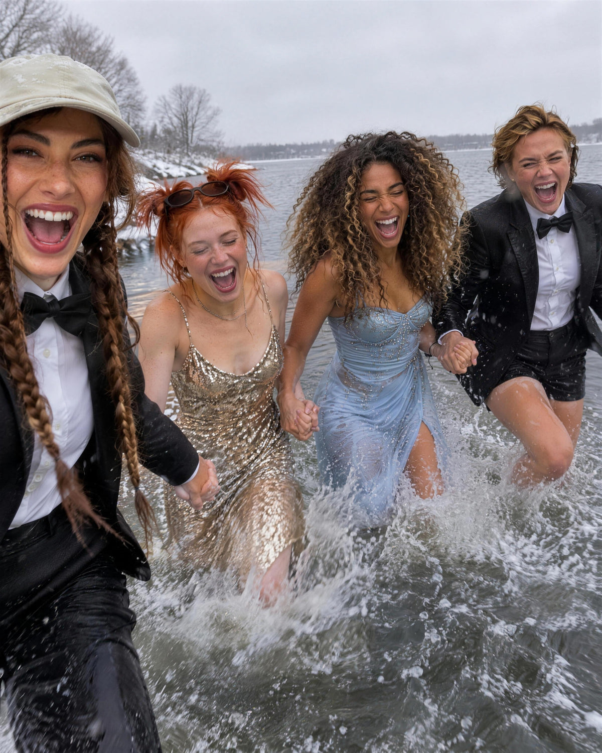 Friends in bow ties and sequin dresses wading into an icy lake (AI-generated image)