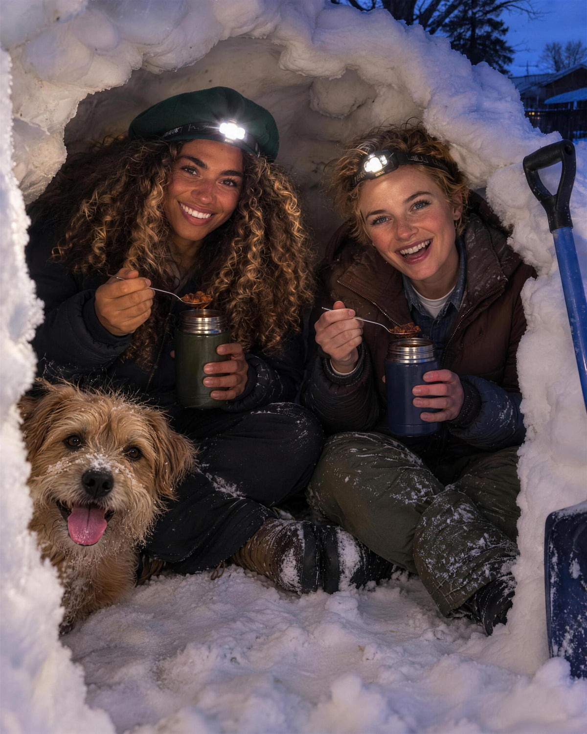 Two friends and a dog eating dinner inside a snow fort (AI-generated image)