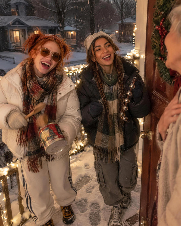 A crew caroling on a snowy front porch, one playing a coffee-can drum (AI-generated image)