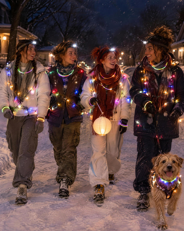 Four friends and a dog wrapped in glowing string lights parading down a snowy street at night (AI-generated image)