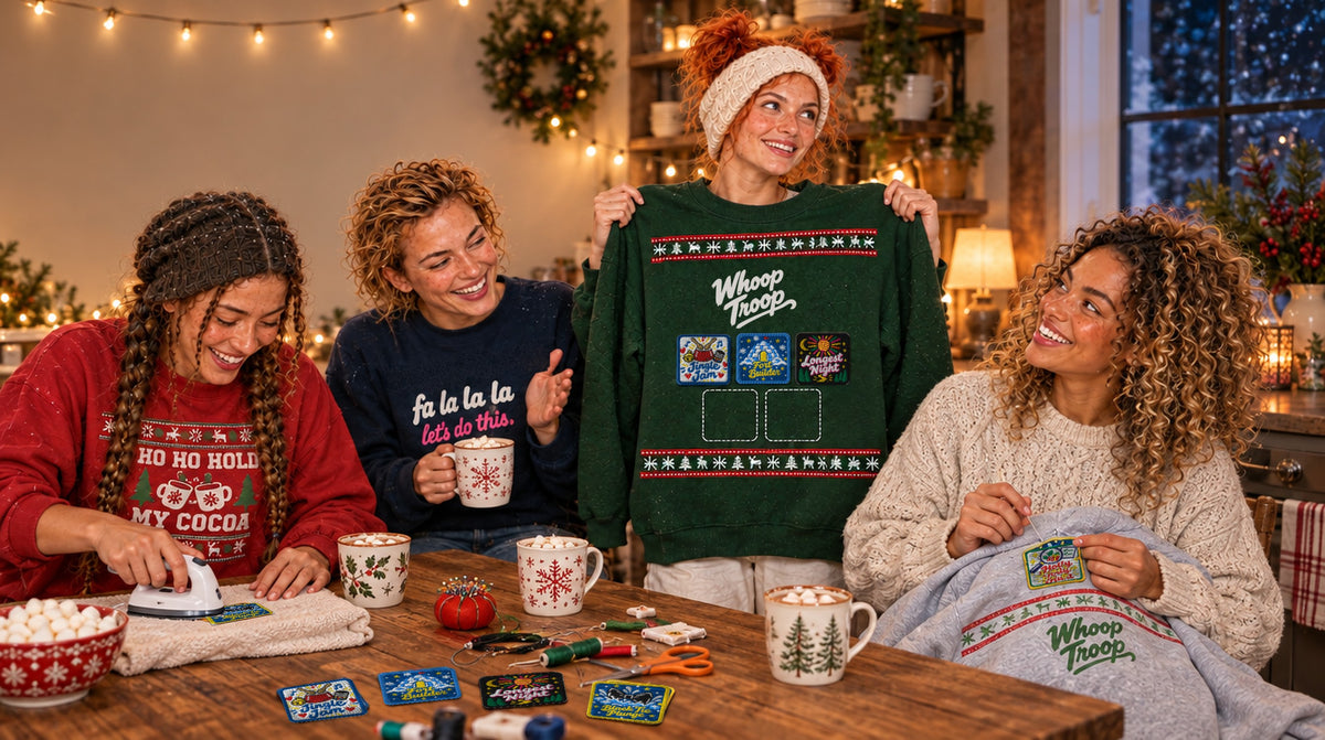 AI-generated image: four friends around a kitchen table at night with cocoa, sewing and ironing Whoop Troop badges onto their sweatshirts