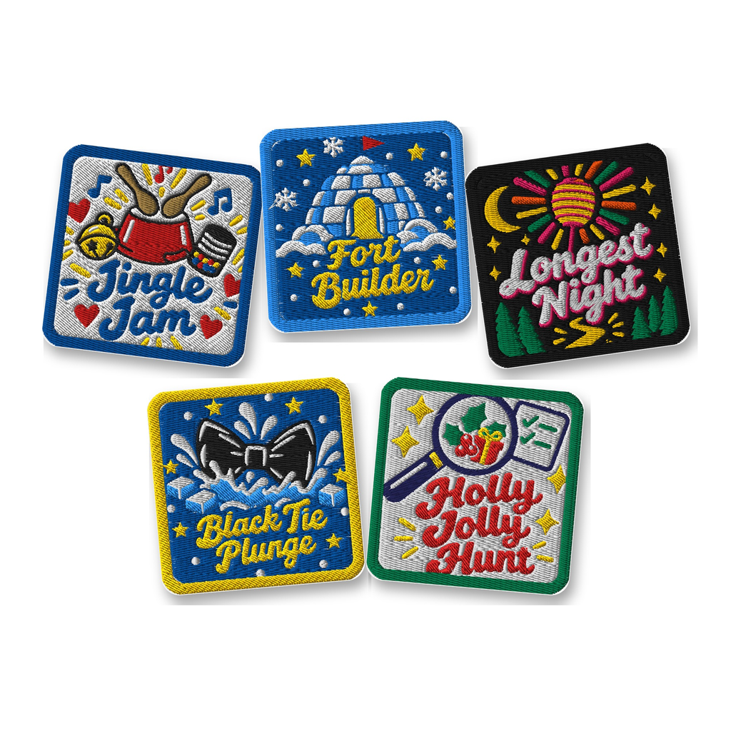 The five Holiday Drop challenge badges: Jingle Jam, Fort Builder, Longest Night, Black Tie Plunge and Holly Jolly Hunt