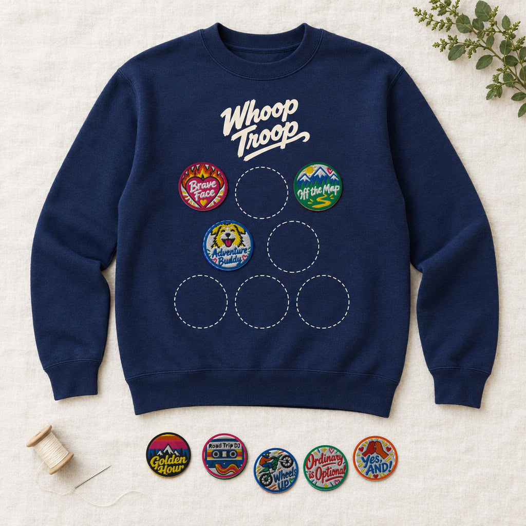 AI-generated image: starter badges with the Whoop Troop badge sweatshirt