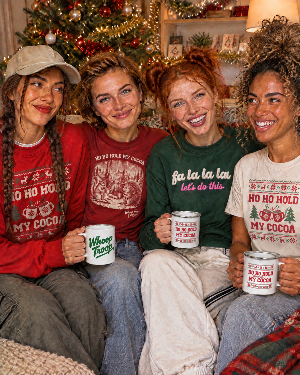 AI-generated image: four friends on a couch in Whoop Troop holiday gear, one holding the Whoop Troop mug