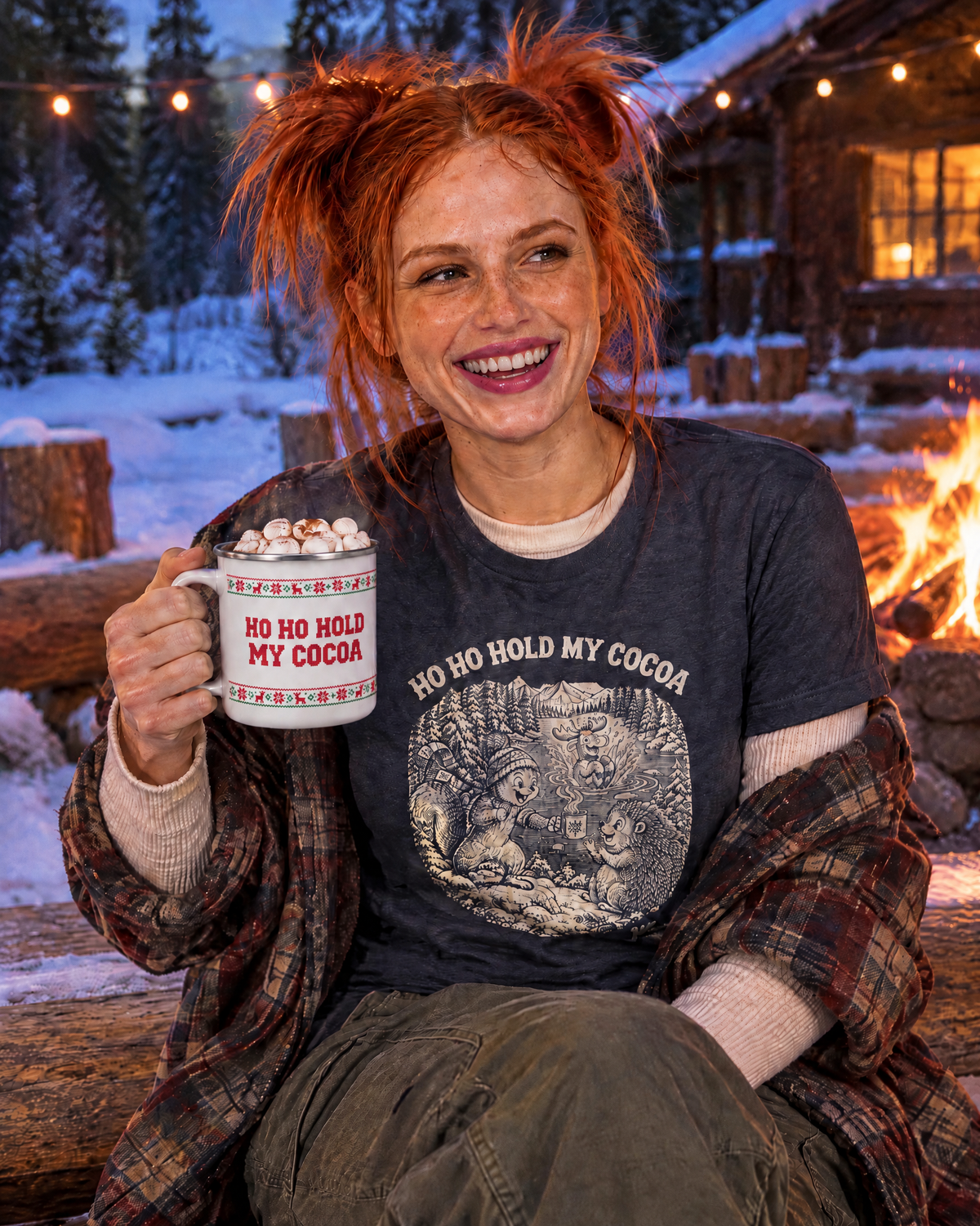 AI-generated image: a friend by a fire pit holding the Ugly Sweater enamel mug