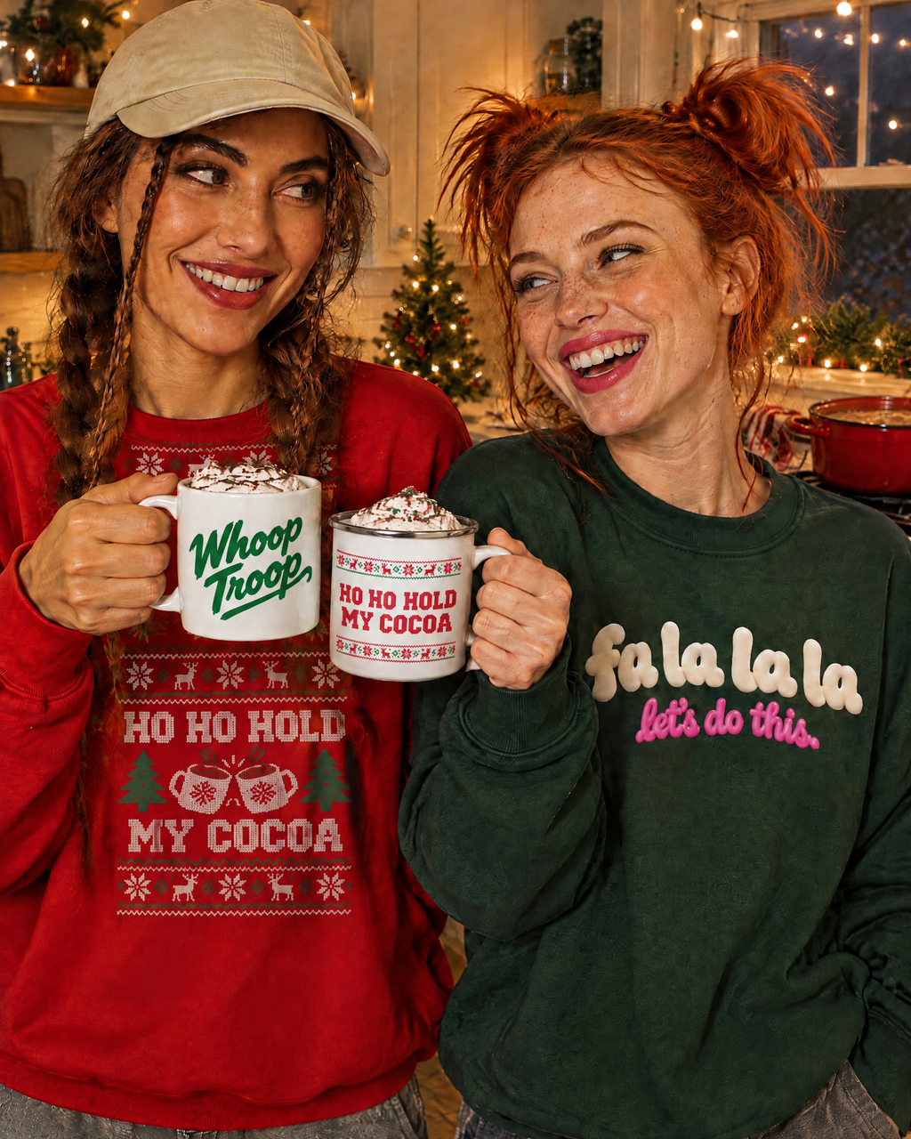 AI-generated image: two friends clinking mugs in a holiday kitchen, one in the green Fa La La La sweatshirt