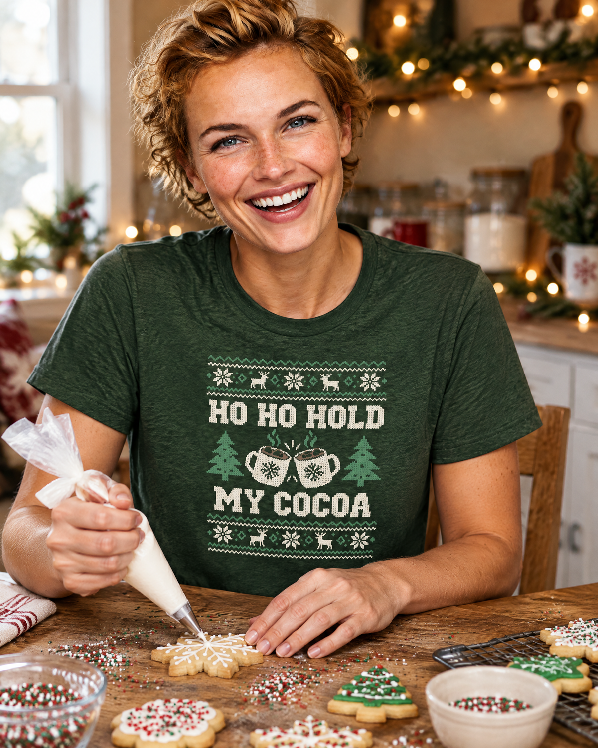 AI-generated image: a woman decorating holiday cookies in the emerald Ugly Sweater tee