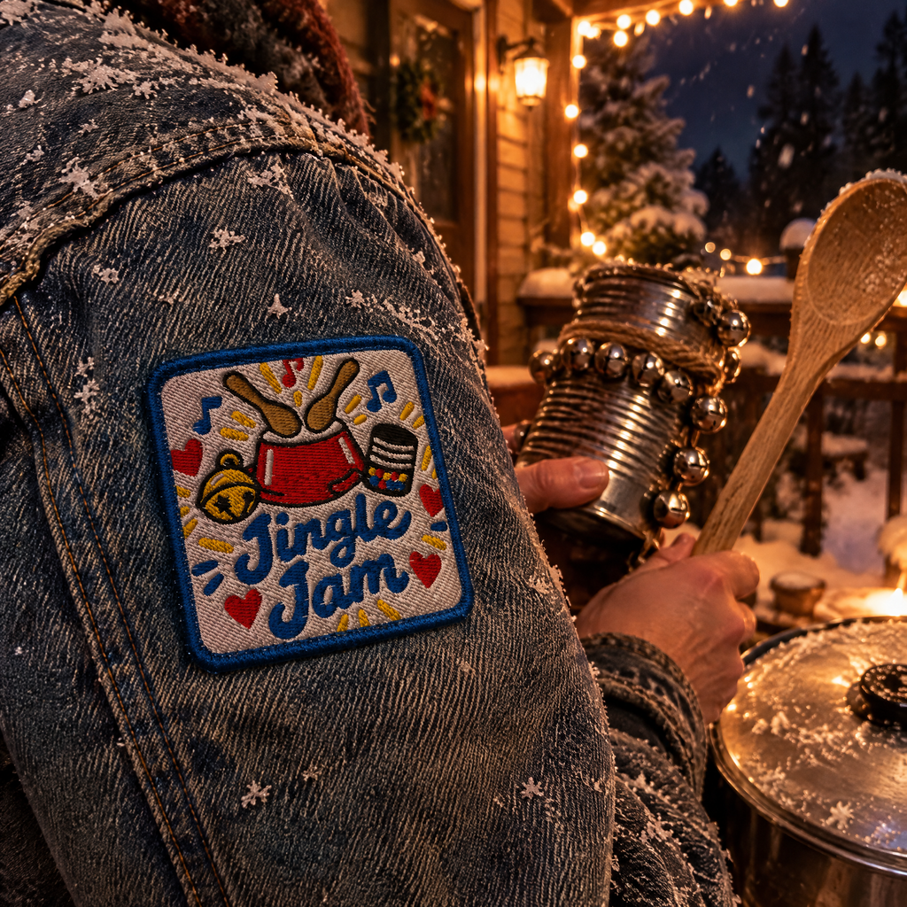 AI-generated image: the Jingle Jam badge sewn on a denim jacket sleeve beside homemade jingle-bell instruments