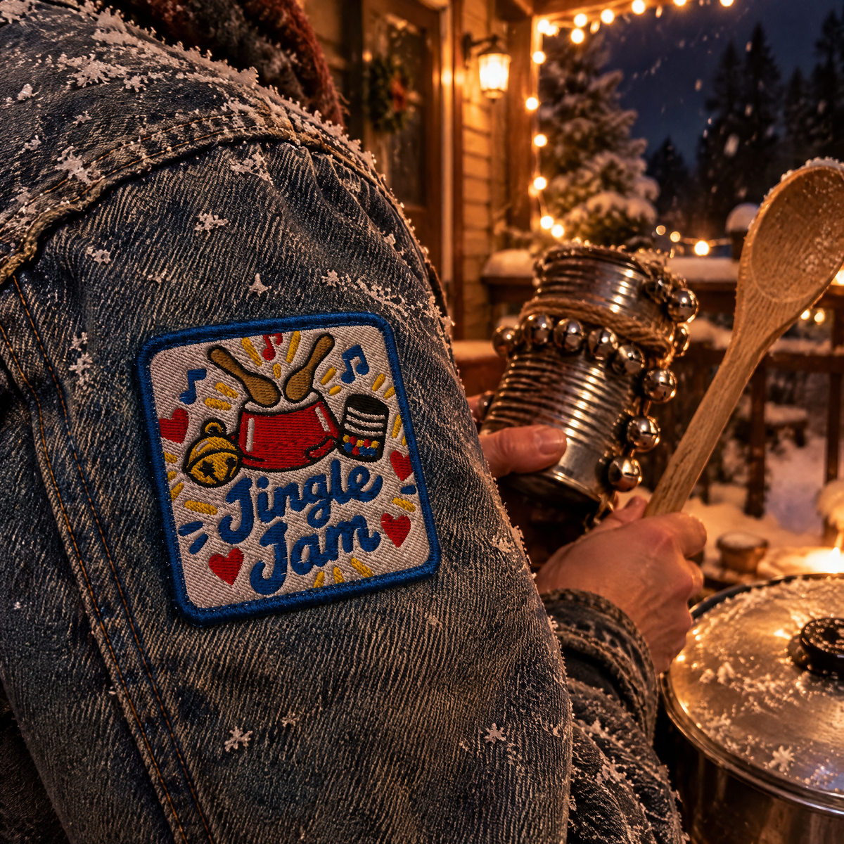 AI-generated image: the Jingle Jam badge sewn on a denim jacket sleeve beside homemade jingle-bell instruments