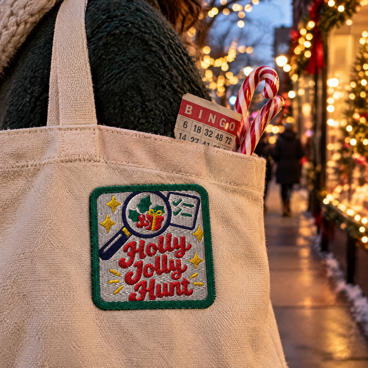 AI-generated image: the Holly Jolly Hunt badge sewn on a canvas tote with candy canes and a hunt card