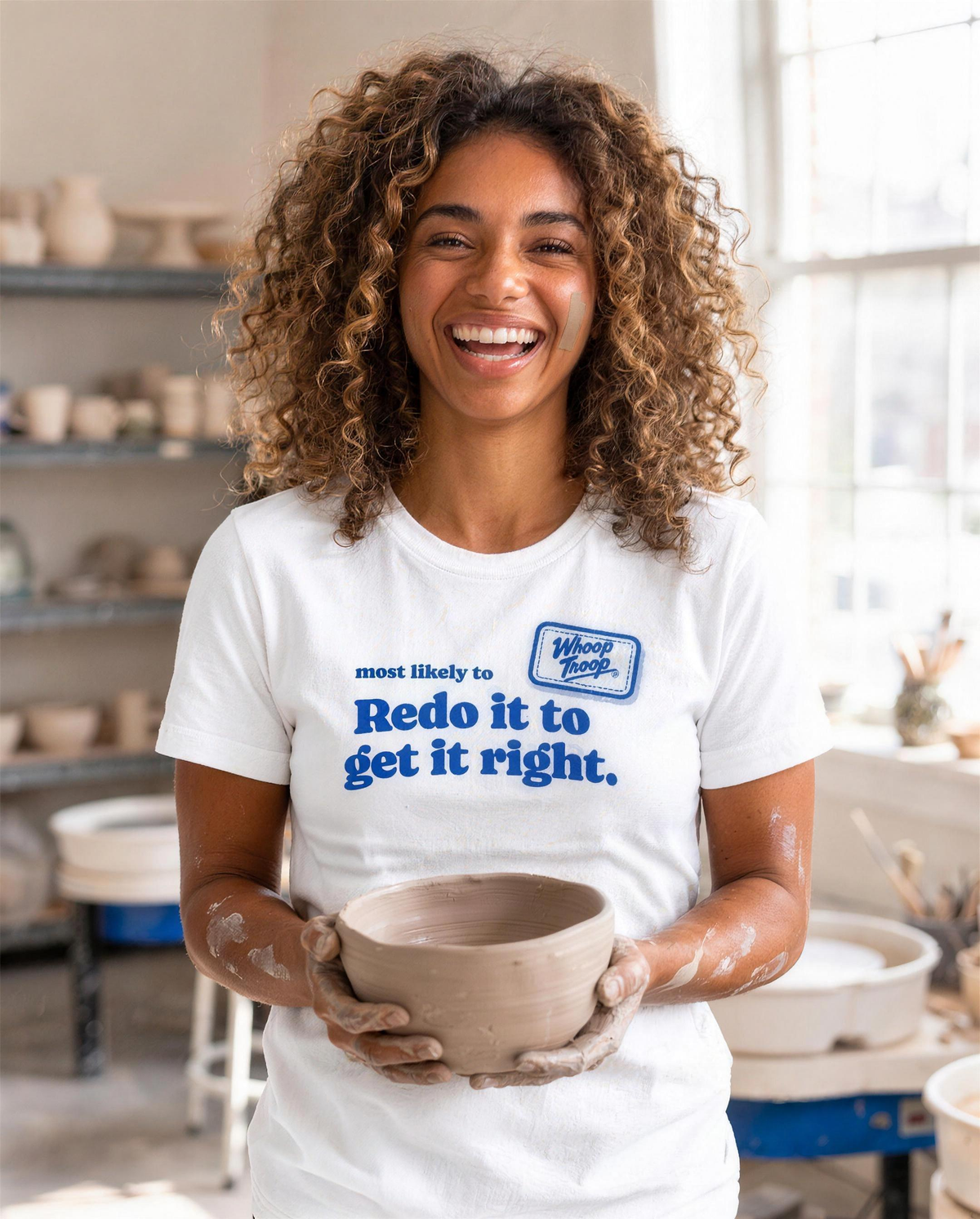 Most Likely To: Redo It to Get It Right Tee (Light), lifestyle photo (AI-generated model)