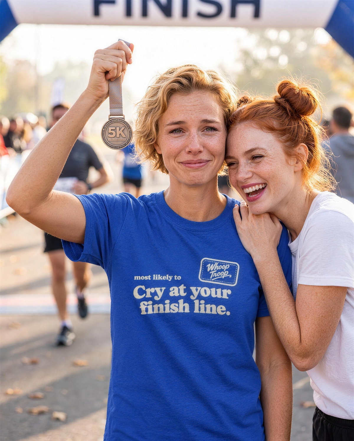 Most Likely To: Cry at Your Finish Line Tee (Dark), lifestyle photo (AI-generated model)