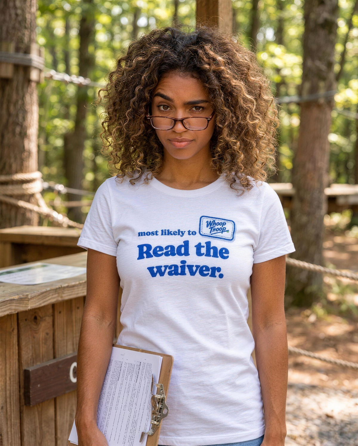 Most Likely To: Read the Waiver Tee (Light), lifestyle photo (AI-generated model)