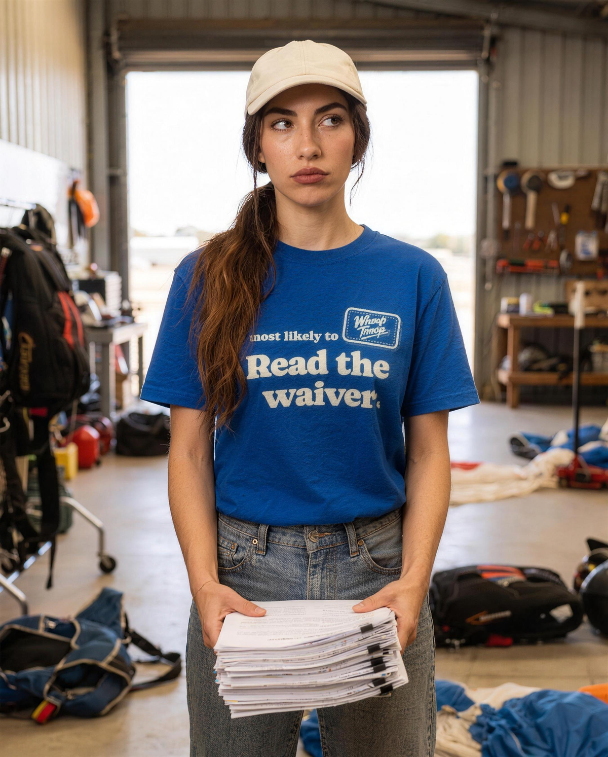 Most Likely To: Read the Waiver Tee (Dark), lifestyle photo (AI-generated model)