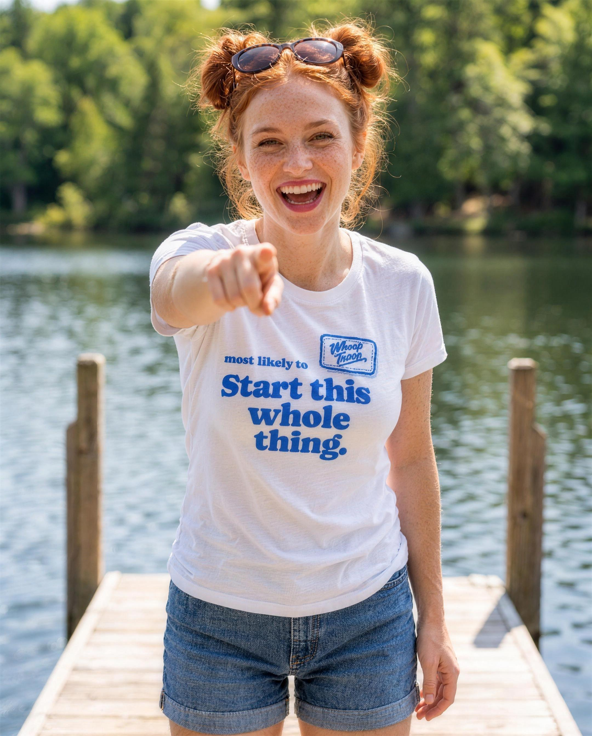 Most Likely To: Start This Whole Thing Tee (Light), lifestyle photo (AI-generated model)
