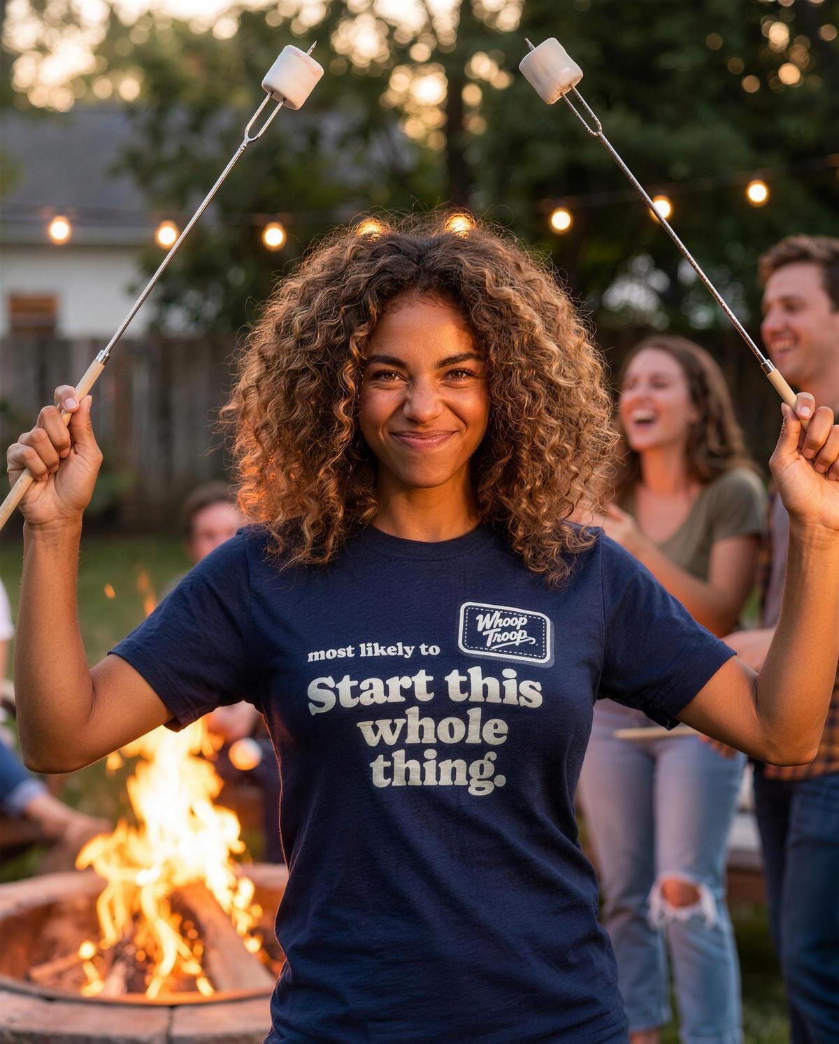 Most Likely To: Start This Whole Thing Tee (Dark), lifestyle photo (AI-generated model)