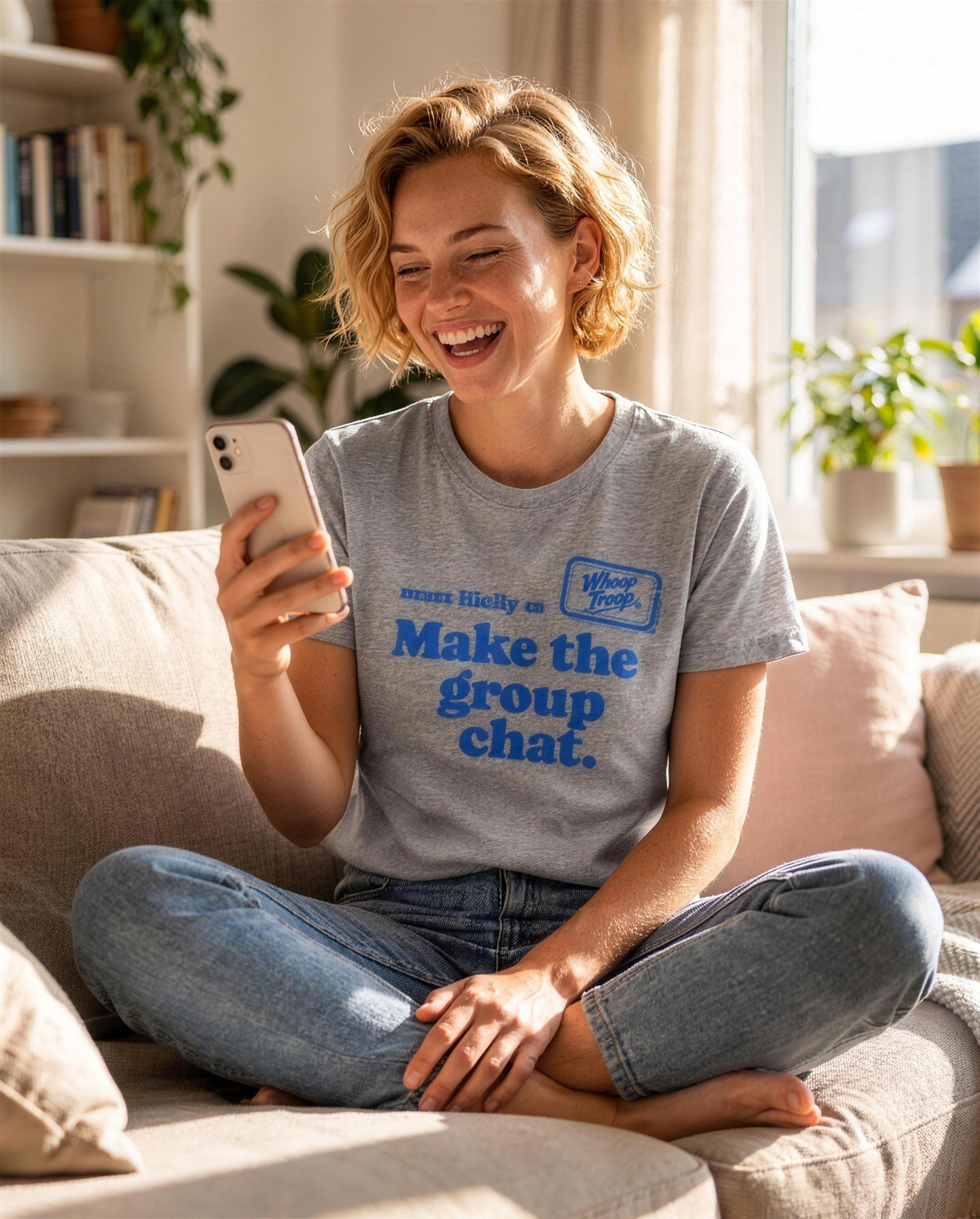 Most Likely To: Make the Group Chat Tee (Light), lifestyle photo (AI-generated model)