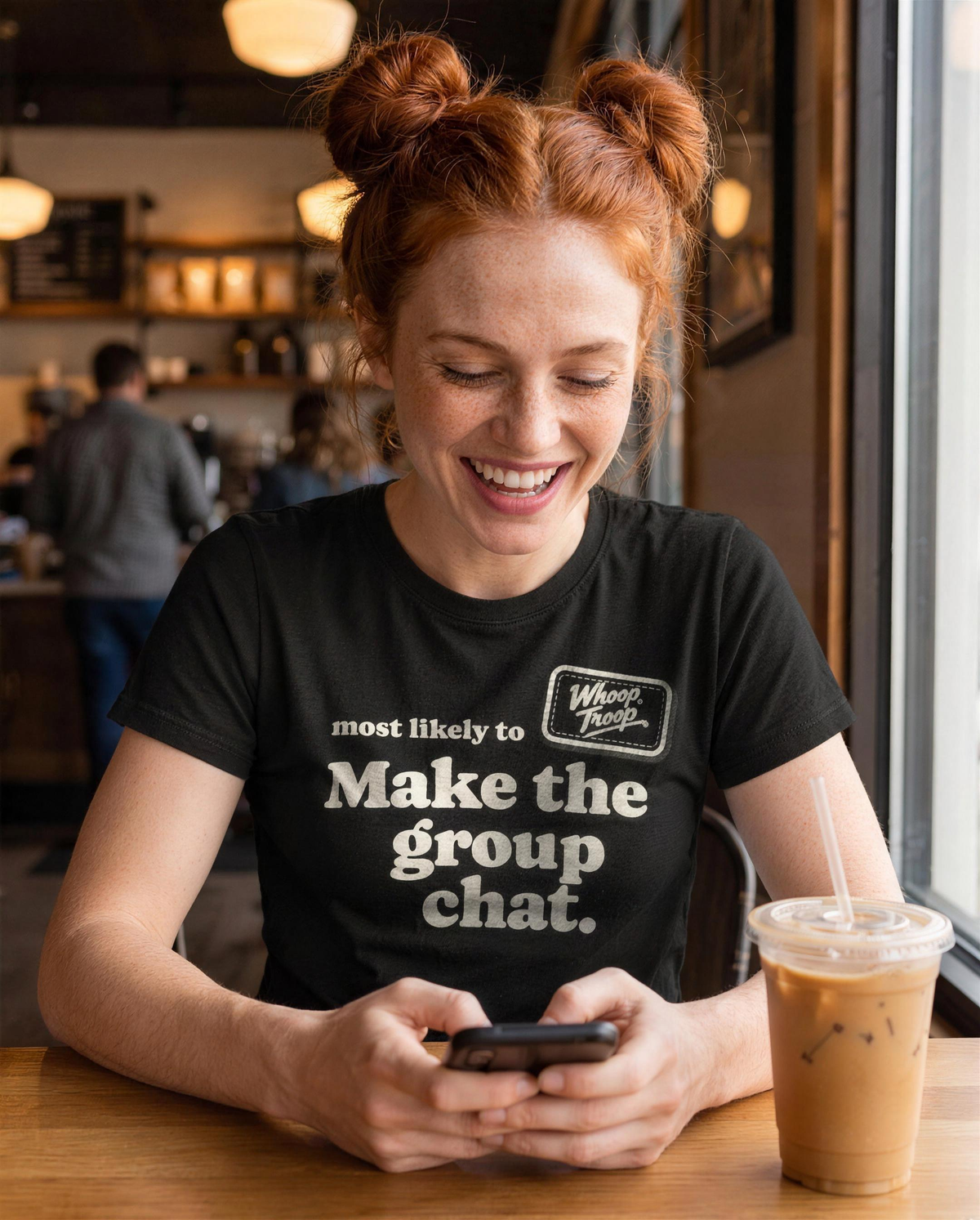 Most Likely To: Make the Group Chat Tee (Dark), lifestyle photo (AI-generated model)