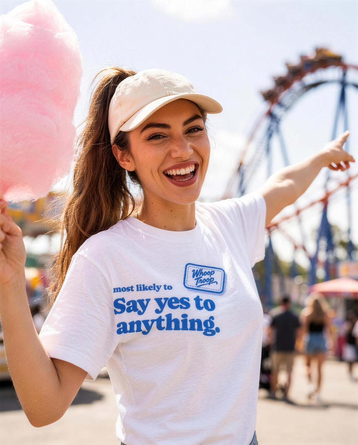 Most Likely To: Say Yes to Anything Tee (Light), lifestyle photo (AI-generated model)