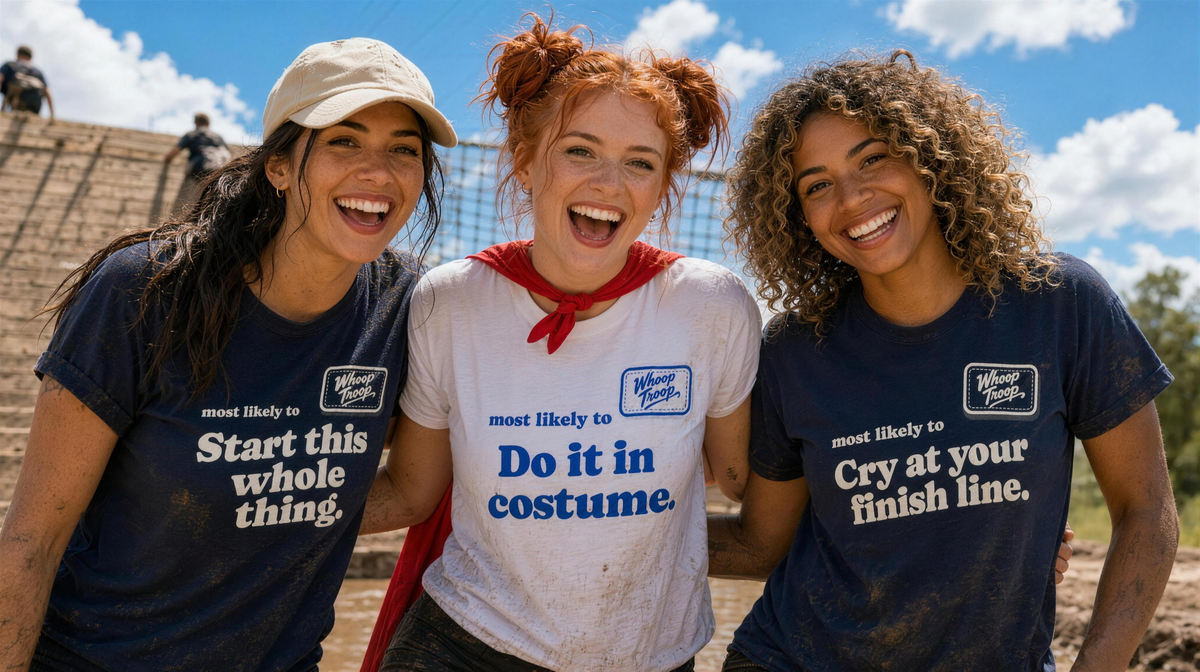 Whoop Group crew in Most Likely To tees at a mud obstacle course (AI-generated models)