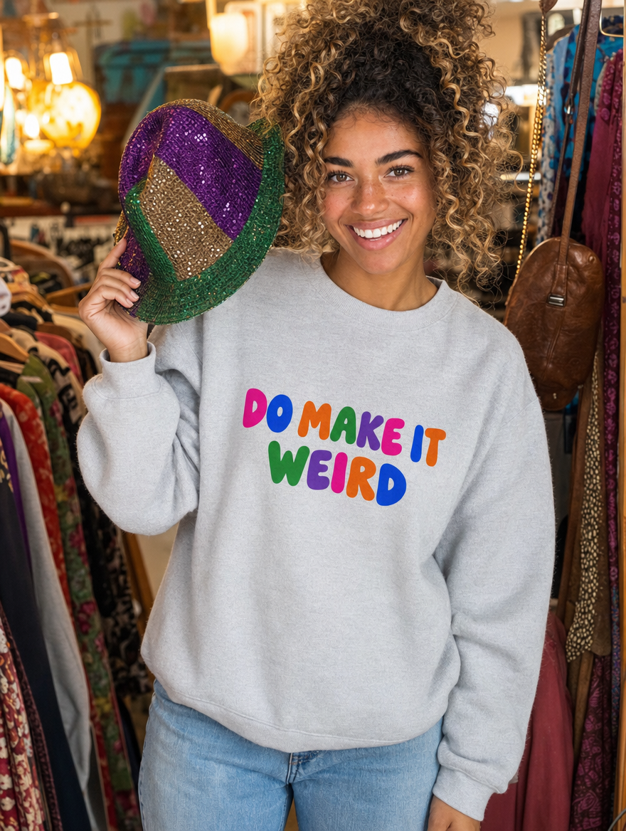 Do Make It Weird sweatshirt in Ash, lifestyle photo in a thrift store (AI-generated model)