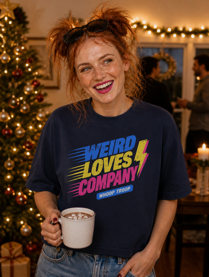 AI-generated image: a woman at a holiday party wearing the Weird Loves Company tee